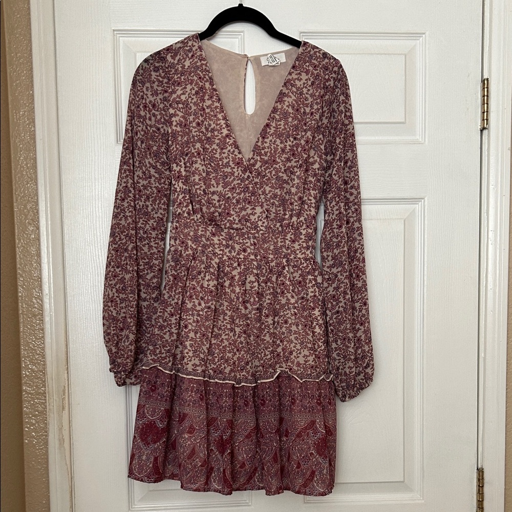 Japna Burgundy Floral Long Sleeve Dress